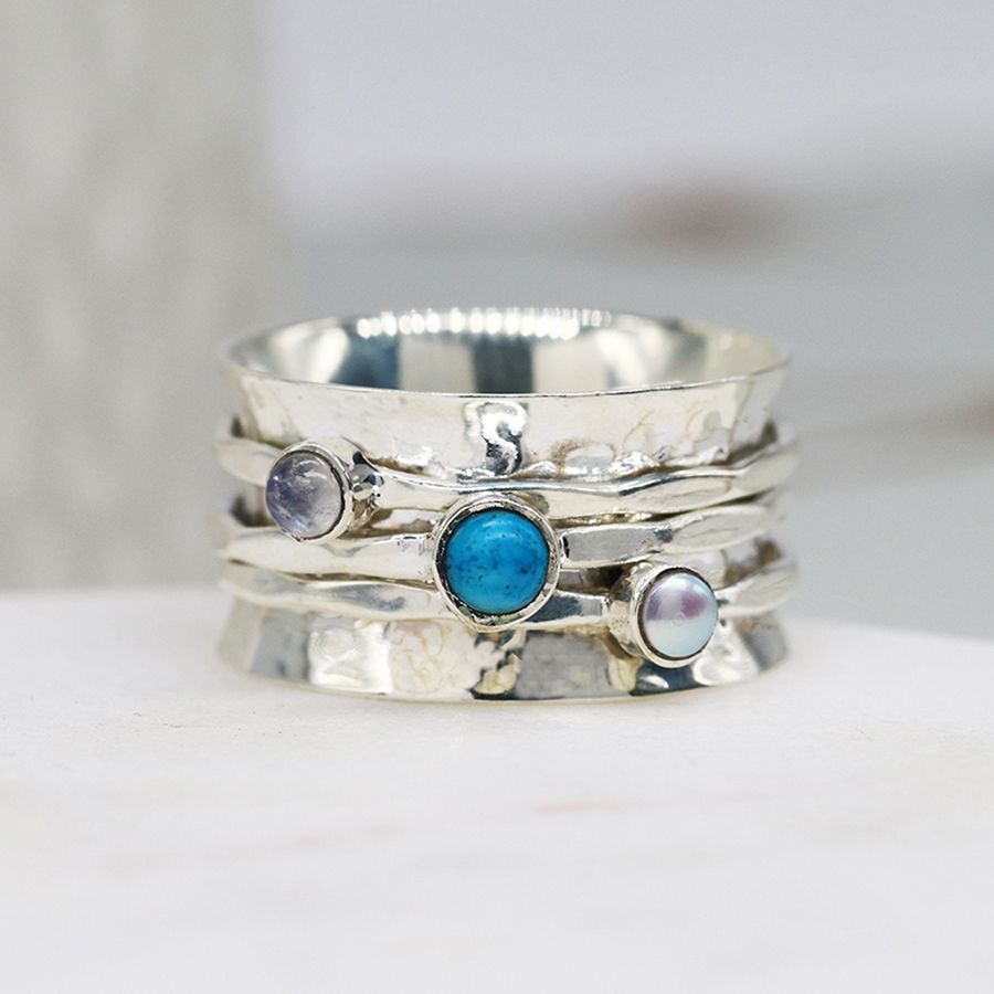 Silver Turquoise, Pearl, and Moonstone Spinning Ring