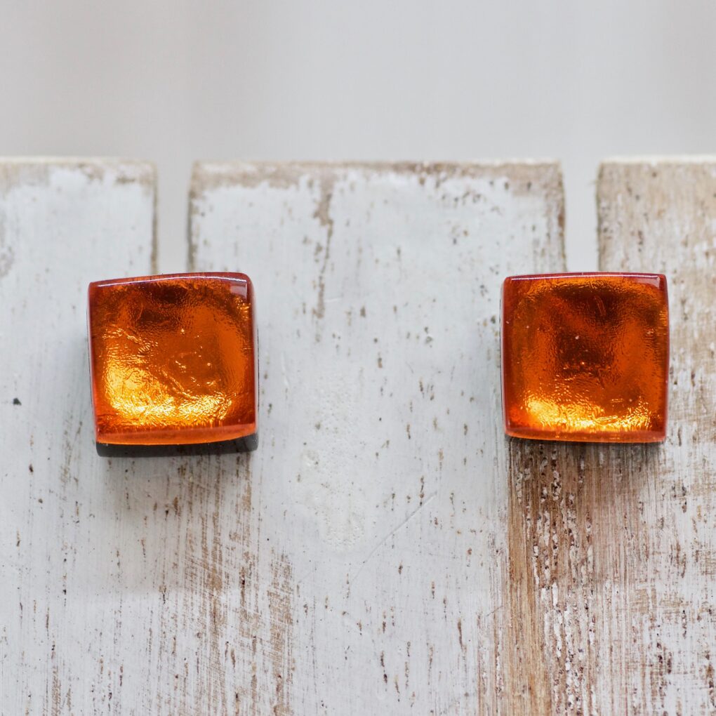 Square Button Stud Earrings - Orange