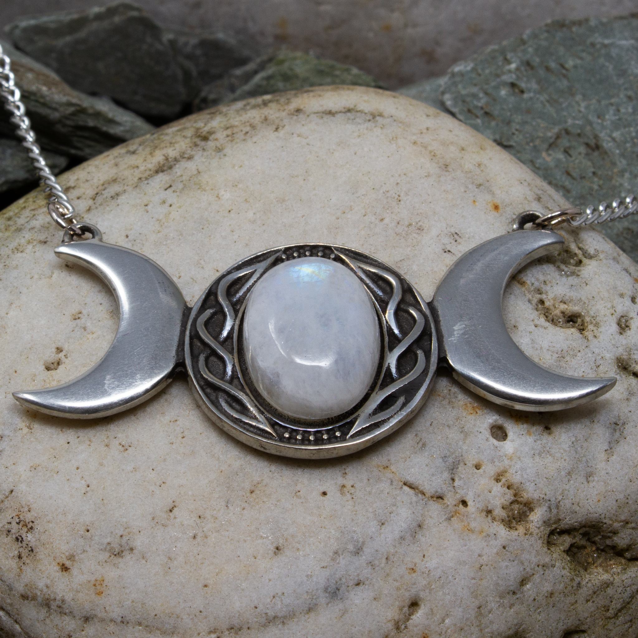 TRIPLE MOON MOONSTONE & PEWTER NECKLACE PENDANT ~ FROM ST JUSTIN ~ FREE P&P 