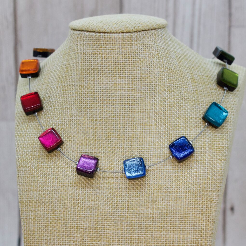 square buttons necklace rainbow