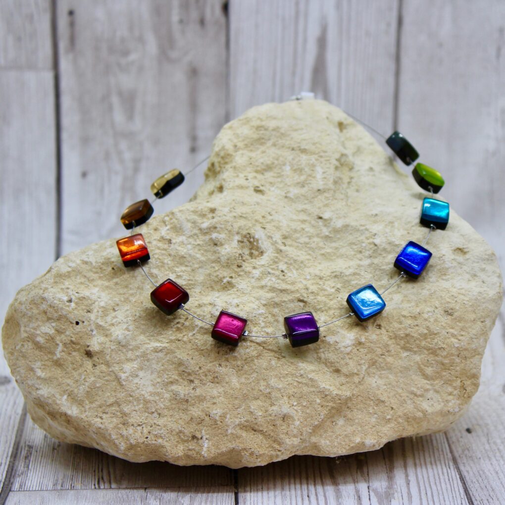 square button necklace rainbow