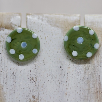 Dotty Olive Glass Button Stud Earrings