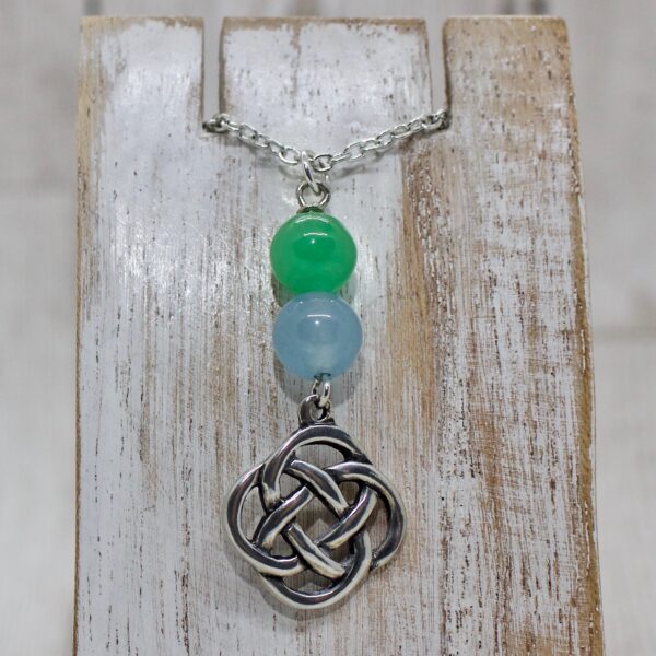 Quadrant Knot Pendant with Jade and Blue Agate Beads
