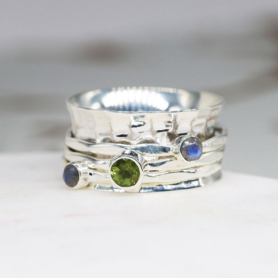 Silver Moonstone and Peridot Spinning Ring